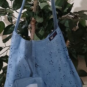Light Blue Suede Perforated Shoulder Bag